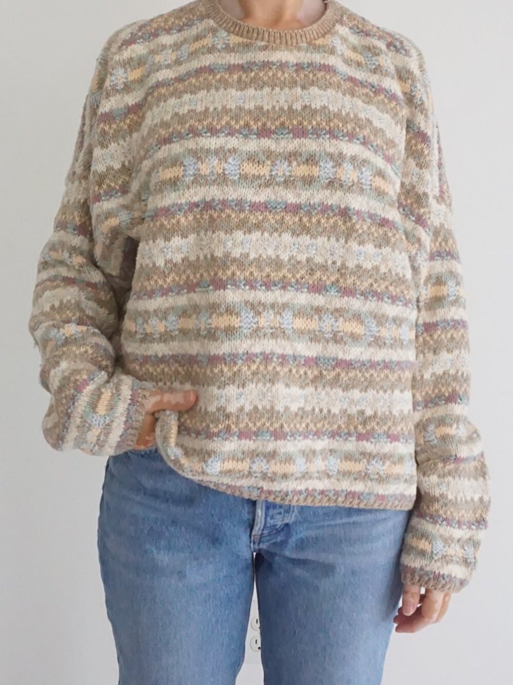 Vintage Van Heusen Oatmeal Pastel Fair Isle Geometric Cotton Heritage Sweater M